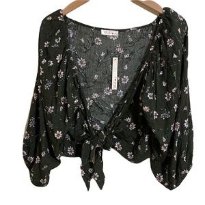 Blush Tie Front Floral Print Cropped Top With Balloon Sleeves
